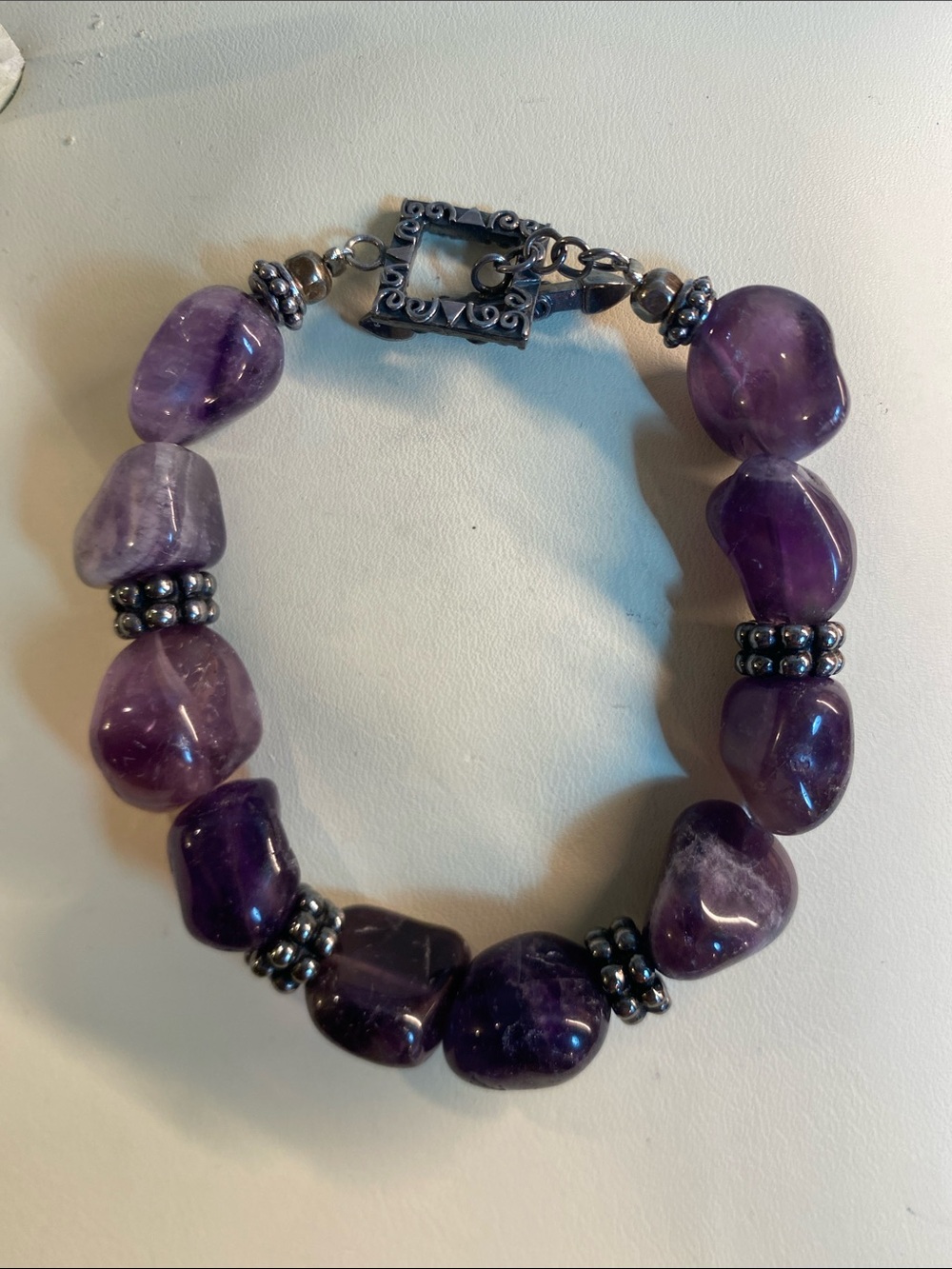 Natural Amethyst Nugget Bracelet Silver Tone Toggle 7.5”